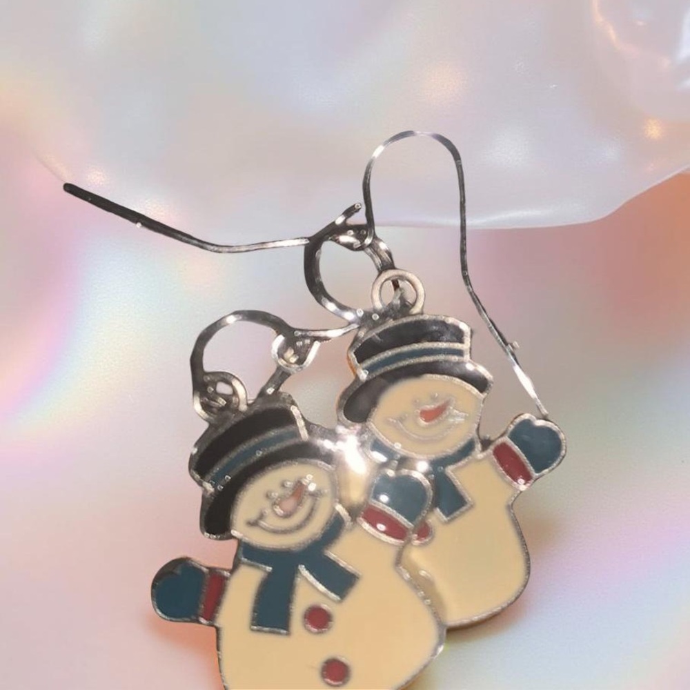 Hand Crafted Snowman Earrings with Black and Blue Accents